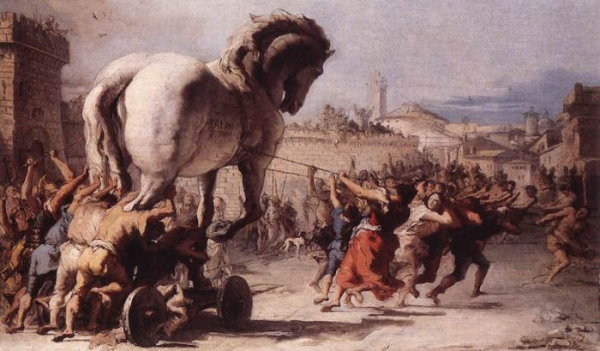 تصویری از ورود اسب تروجان (تروآ) به درون شهر تروآ، از داستان‌های معروف حماسه ایلیاد
