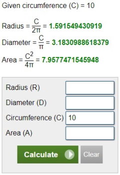 خروجی محاسبه آنلاین مساحت دایره در Calculator.net
