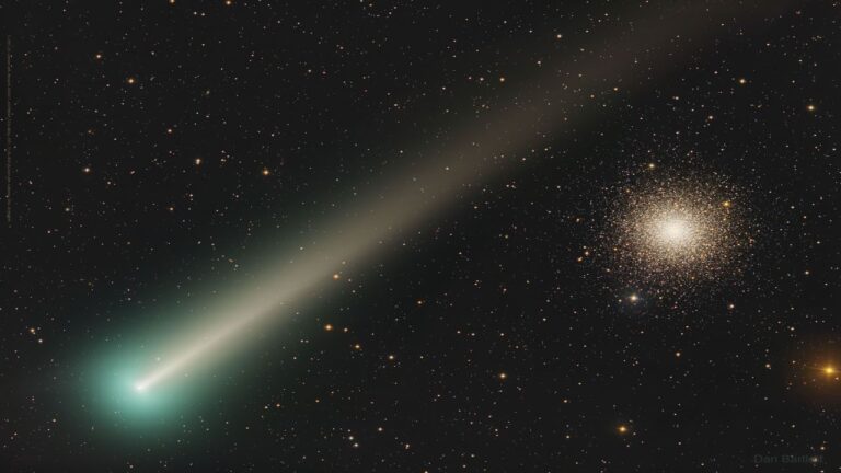 دنباله دار لئونارد در مقابل خوشه ستاره ای M3 — تصویر نجومی