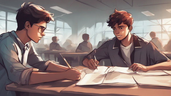 تصویر گرافیکی دو دانش آموز در کلاس پشت میز در حال نوشتن جزوه
