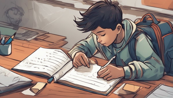 تصویر گرافیکی یک پسر دبستانی در حال نوشتن جزوه پشت میز کلاس