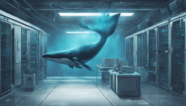 یک اتاق سرور با یک نهنگ آبی درون آن (تصویر تزئینی مطلب آموزش داکر)