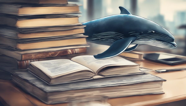 چندین کتاب روی هم و یک نهنگ آبی