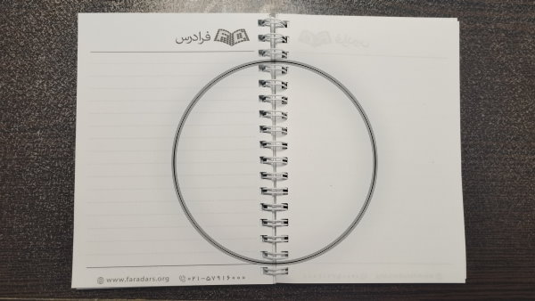 دایره رسم شده در دو صفحه دفترچه با لوگوی فرادرس - مثال محاسبه محیط و مساحت دایره