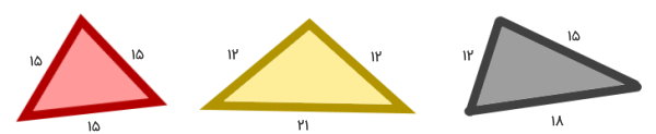 سه مثلث مختلف الاضلاع (18، 15، 12)، متساوی الساقین (12، 21، 12) و متساوی الاضلاع (15)