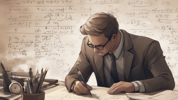 یک مرد نشسته پشت میز در حال نوشتن معادلات ریاضی با پس زمینه معادلات ریاضی