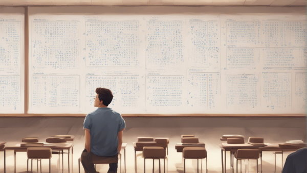 یک دانشجو در ردیف اول مقابل تخته در حال نگاه کردن به جداول اعداد (تصویر تزئینی مطلب تحقیق در عملیات ۱)