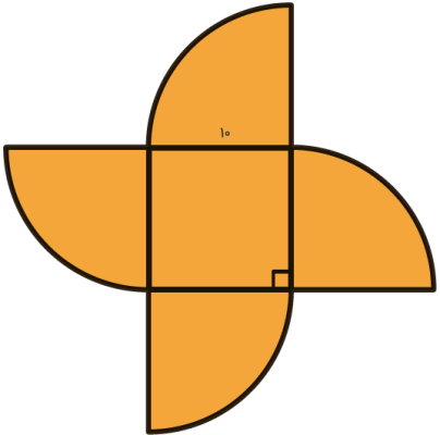 مربعی به ضلع 10 و چهار ربع دایره در اطراف آن