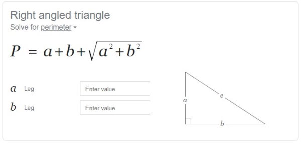 ابزار محاسبه محیط مثلث قائم الزاویه در گوگل