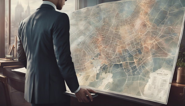 یک مرد کت شلواری در مقابل یک نقشه شهر  (تصویر تزئینی مطلب مراحل راه اندازی یک کسب و کار)