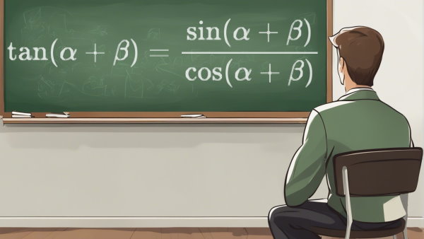 یک معلم نشسته روی صندلی مقابل تخته ای با یکی از فرمول های تانژانت