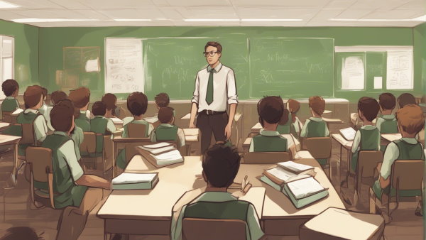 یک معلم ایستاده در وسط کلاس و دانش آموزان نشسته در حال نگاه کردن به او (تصویر تزئینی مطلب عبارت جبری)