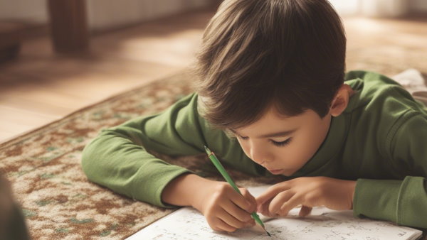 یک پسر بچه دراز کشیده روی فرش در حال نوشتن مشق (تصویر تزئینی مطلب تبدیل کسر به عدد مخلوط)