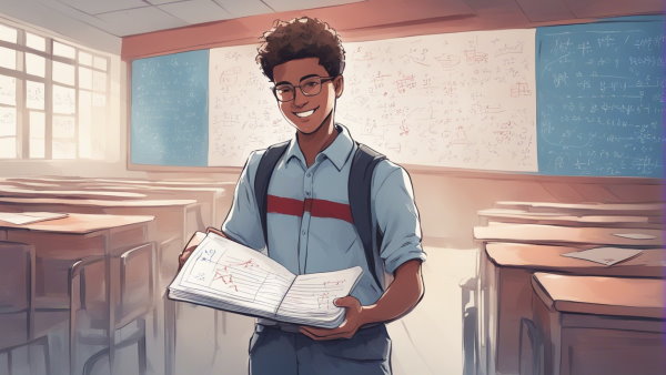 یک دانش آموز خندان ایستاده با یک دفتر در دست در کلاس خالی پشت به تخته (تصویر تزئینی مطلب تجزیه عبارت های جبری)