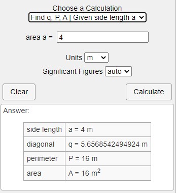 خروجی مثال محاسبه قطر مربع در سایت Calculator Soup