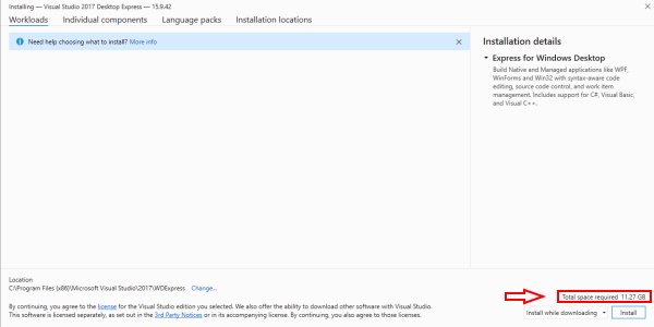 VS 2017 Desktop Express Total Size