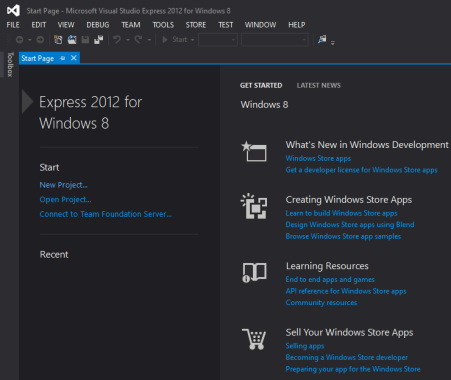 صفحه آغازین ویژوال استودیو اکسپرس ۲۰۱۲ برای ویندوز ۸