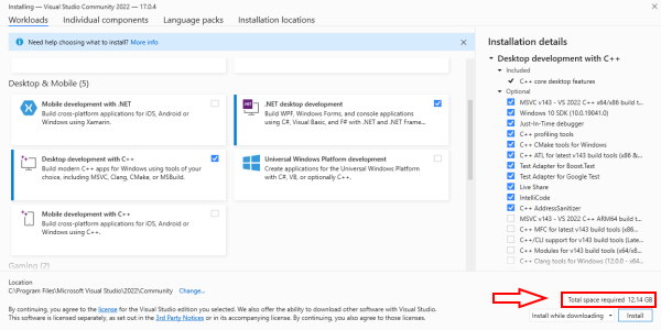 Visual Studio Community 2022 Installer for desktop dev Screenshot