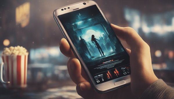 یک تلفن در دست با تصویری از یک فیلم در صفحه نمایش (تصویر تزئینی مطلب موضوع برای طراحی وب سایت)