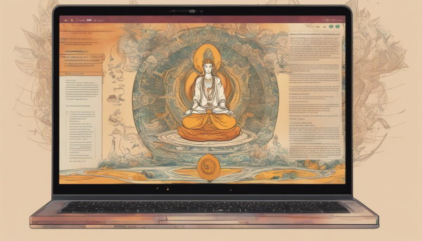 یک لپ تاپ با تصویر یک شخص عرفانی در حال مدیتیشن در صفحه نمایش (تصویر تزئینی مطلب موضوع برای طراحی وب سایت)