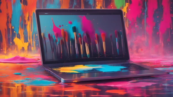 یک لپ تاپ که رنگ بر روی آن پاشیده است