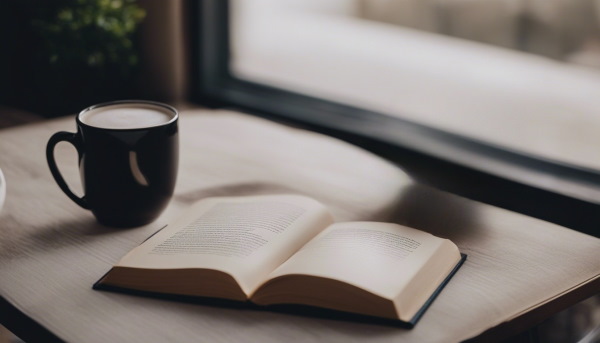 تصویر یک کتاب و فنجان قهوه روی میز