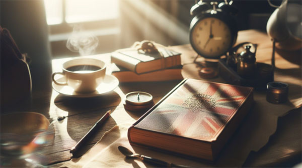 کتاب انگلیسی به همراه فنجانی قهوه زیر نور آفتاب قرار گرفته اند