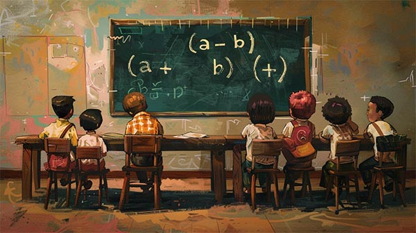 ضرب عبارت جبری روی تخته سیاه کلاس ریاضی نوشته شده است