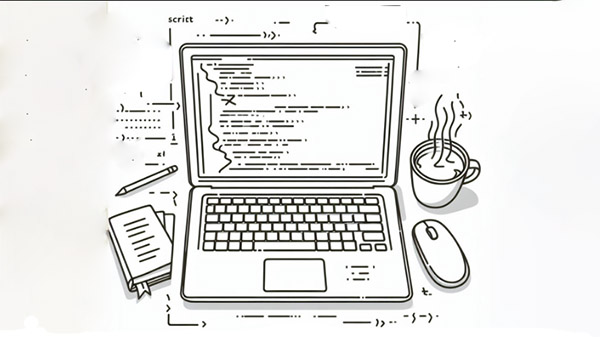 تصویری شماتیک از لپتاپی که کدهای اسکریپت روی آن به صورت خطوط نمایش داده شده است