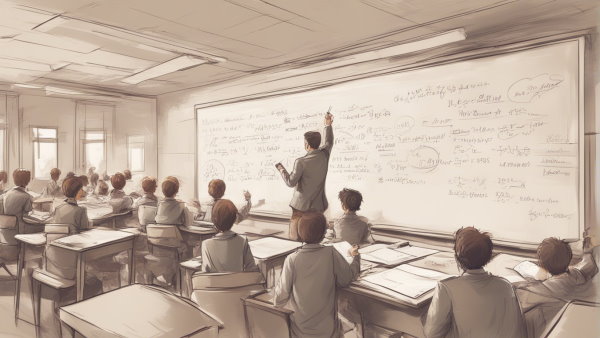 تصویر گرافیکی یک کلاس درس با معلم در حال درس دادن به دانش آموزان (تصویر تزئینی مطلب فرمول اتحاد در ریاضی)