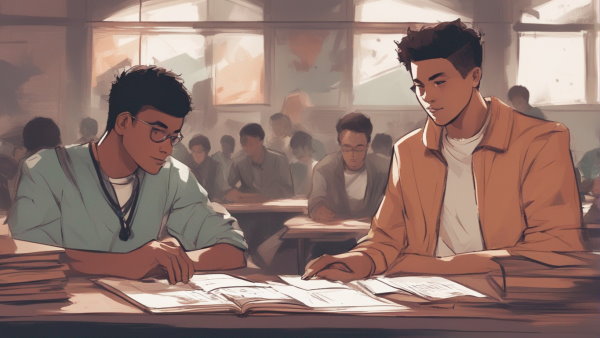 تصویر گرافیک دو دانش آموز پشت میز در حال خواندن جزوه