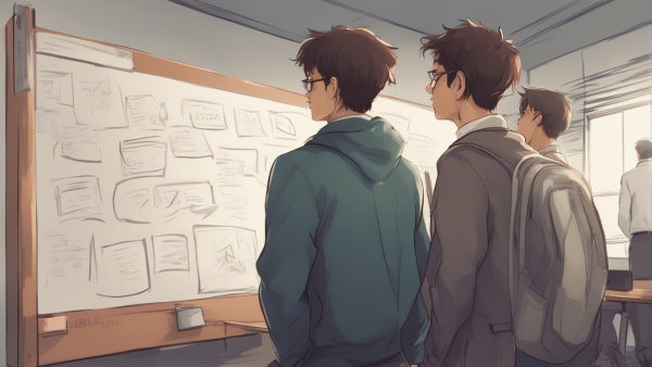 تصویر گرافیکی سه دانش آموز ایستاده مقابل تخته کلاس در حال نگاه کردن به آن