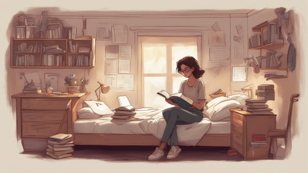 تصویر گرافیکی یک دختر نوجوان نشسته بر روی لبه تخت در حال مطالعه
