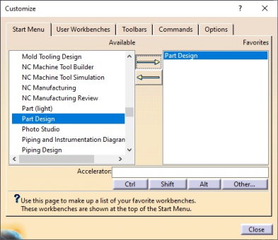 پنجره Customize در نرم افزار کتیا