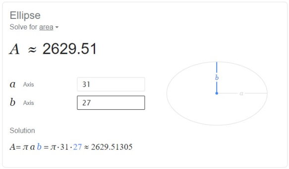 مثال محاسبه آنلاین مساحت بیضی با محورهای 27 و 31 با گوگل
