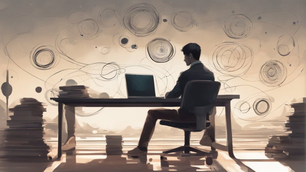 تصویر نقاشی مردی پشت میز و لپ تاپ