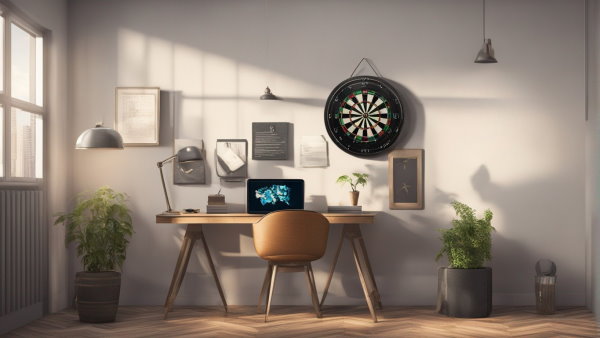 یک اتاق کار در خانه به همراه سیبل دارت و میز کار و گلدان (تصویر تزئینی مطلب برنامه نویسی چیست)