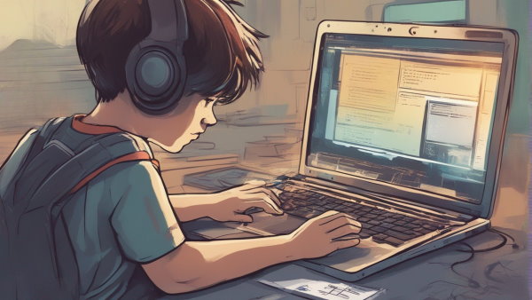 تصویر گرافیکی یک کودک با هدفون پشت میز در حال کار با لپ تاپ (تصویر تزئینی مطلب برنامه نویسی چیست)