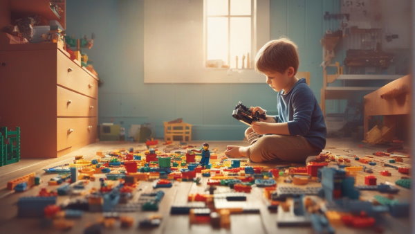 تصویر گرافیکی یک کودک نشسته روی زمین اتاق در حال بازی با لگو