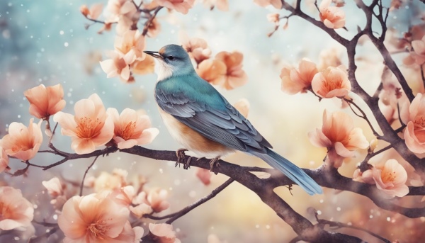 پرنده روی شاخه درخت پر از شکوفه