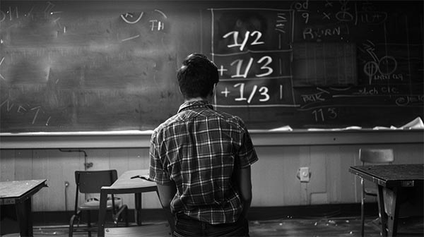 دانش آموزی به جمع دو کسر روی تخته سیاه کلاس نگاه می کند