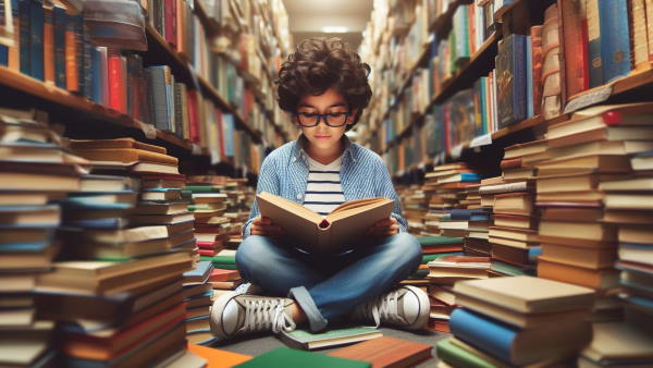 تصویر پسریچه‌ای در حال کتاب خواندن در کتابخانه