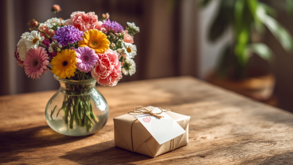 تصویر چند گل داخل گلدان و یک کادو کنار آن