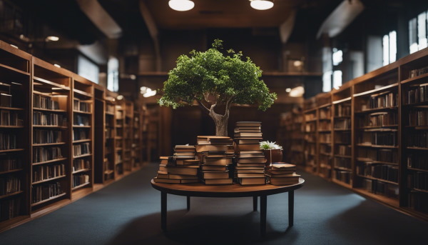 تصویر یک درخت و کتاب‌هایی در کتابخانه