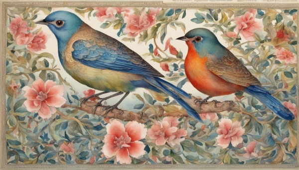 نقاشی دو پرنده رنگی در کنار گل ها