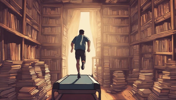 اتاقی پر از کتاب و یک مرد در حال دویدن روی تردمیل