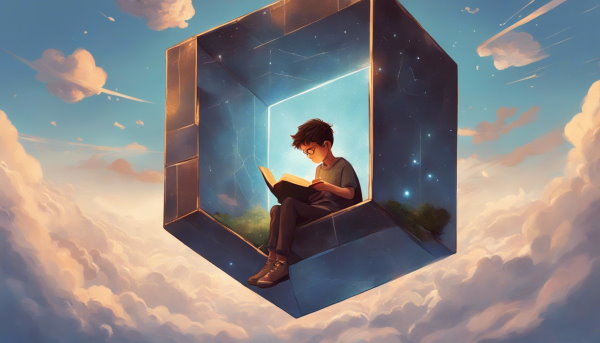 یک پسر در حال کتاب خواندن نشسته درون یک مکعب معلق در آسمان
