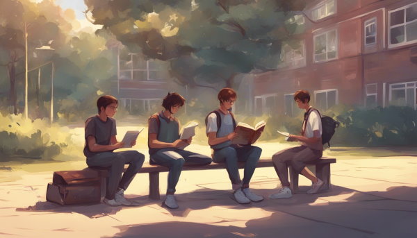 دانش آموزان نشسته روی یک نیمکت بیرون مدرسه در حال کتاب خواندن