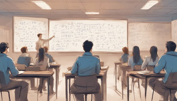 معلم ایستاده کنار تخته در حال اشاره به معادلات روی آن در کلاس پر از دانش آموز نشسته (تصویر تزئینی مطلب اتحاد های مثلثاتی)