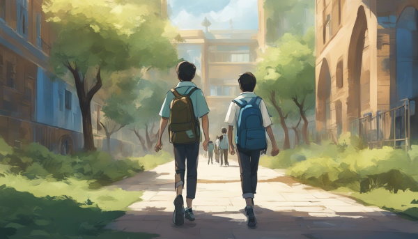 دو دانش آموز در حال حرکت به سمت ساختمان مدرسه در یک مسیر سبز
